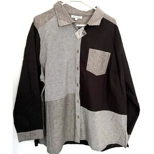 Serengetti Top Women 2XL Black/Gray Patchwork Colorblock Button Long Sleeve NEW